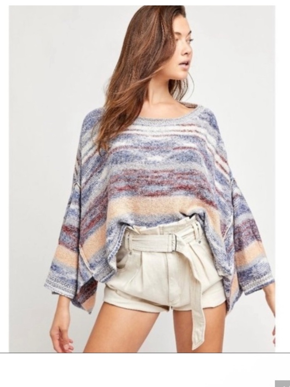 Free People Midnight Canyon combo Striped Poncho Sweater - Multi Blue Cream Tan